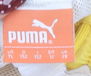 Close-up detail of Puma boys’ yellow activewear shorts, uk, size 12, summer