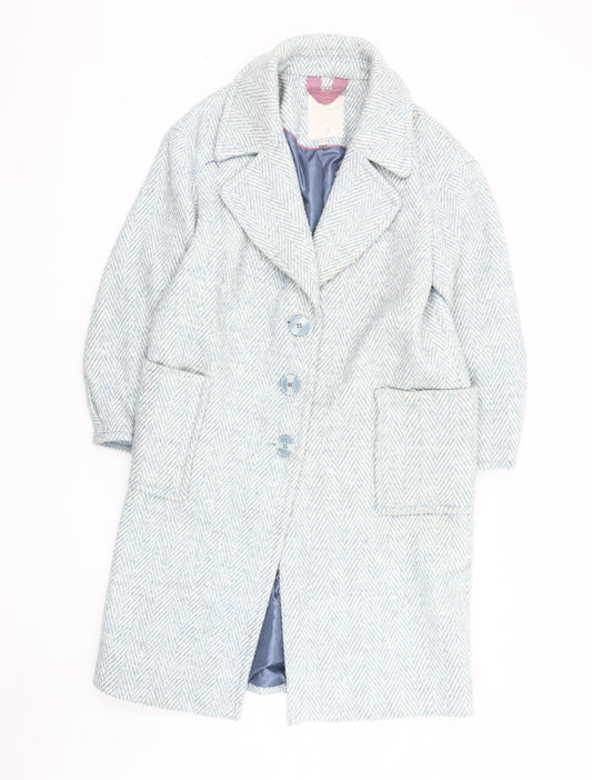 White Stuff Women's Blue Herringbone Wool Overcoat UK 10