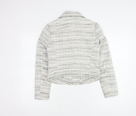 Jacob Women's White Biker Jacket XS, Collared Tweed Zip