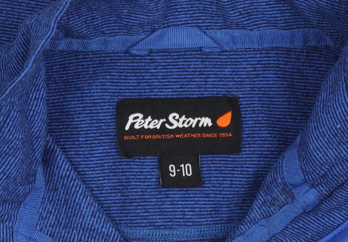 Brand and care label for Peter Storm boys’ blue 1/4 zip sweater, size 9-10, years