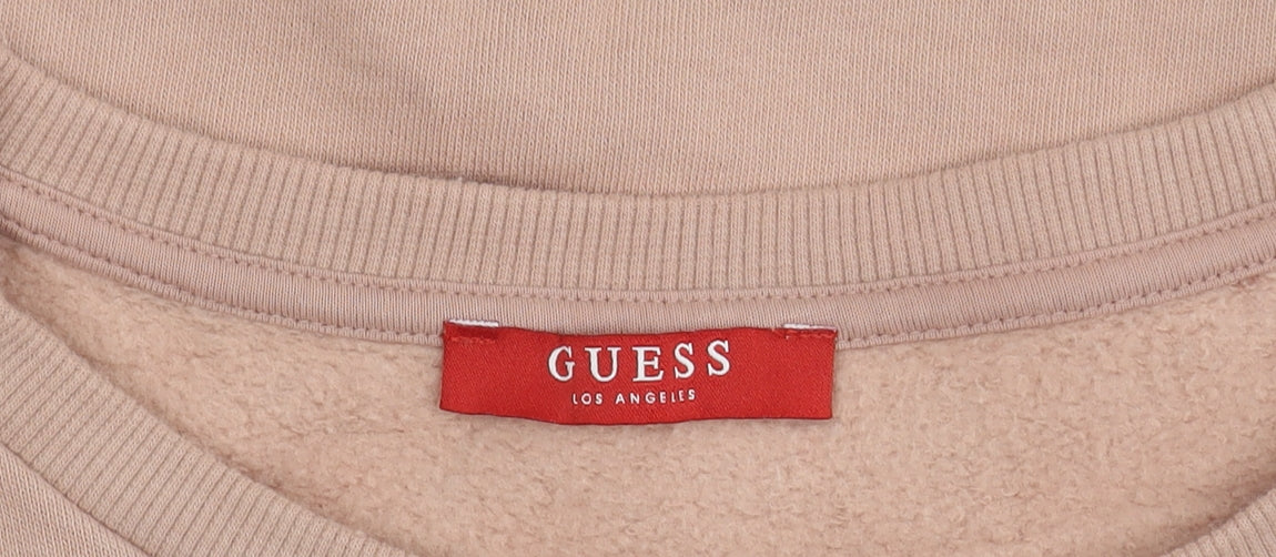 Brand and care label for Guess women’s pink logo pullover sweatshirt xs