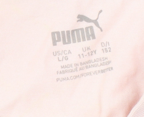 Brand and care label for Puma girls’ pink t-shirt 11-12 years logo short sleeve casual