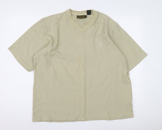 Timberland Men's Beige V-Neck T-Shirt, Large, Cotton, Logo