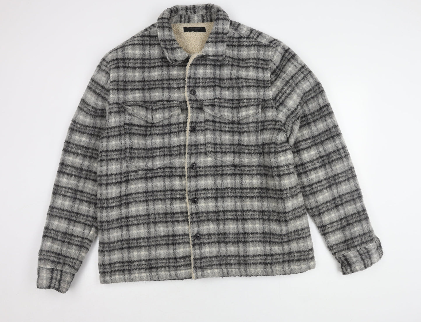AllSaints Men's Grey Check Jacket XL, Button Detail