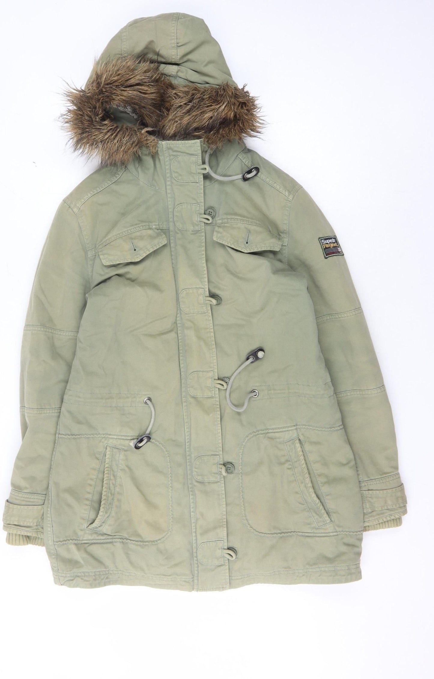 Superdry Women's Green Parka Coat, Size M, Fur Trim, Hooded