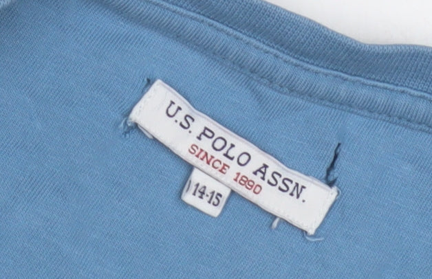 Close-up detail of U.S. Polo Assn. boys’ blue sports t-shirt, size 14-15
