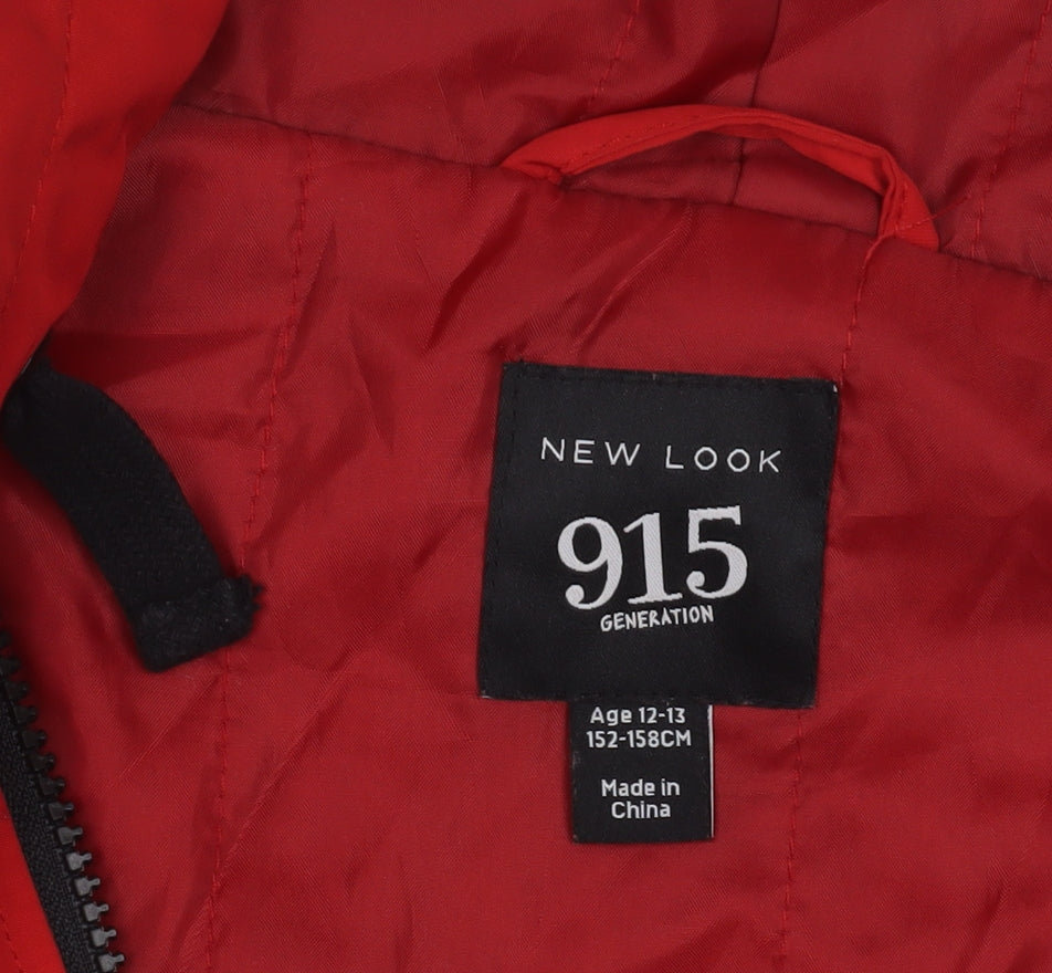 Close-up detail of New Look girls’ red basic hooded jacket 12-13 years