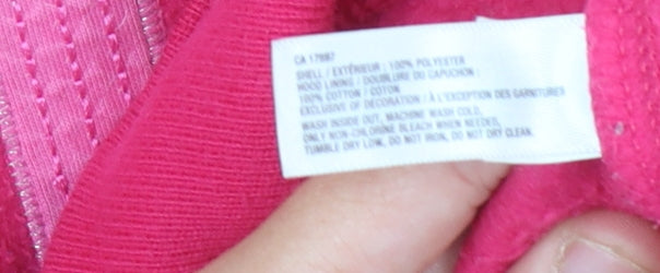 Brand and care label for Gap girls’ pink hoodie, logo accent, size L, fleece, full zip