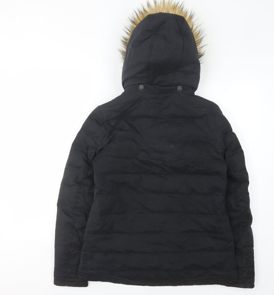 FatFace Women's Black Puffer Jacket Size 10 with Fur Trim