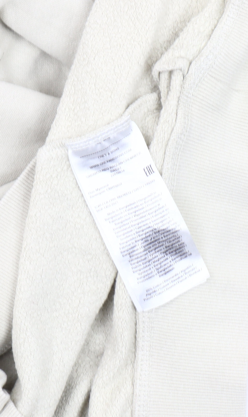 Brand and care label for Only & Sons Men's Beige L Pullover Sweatshirt