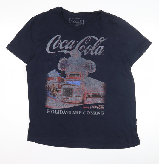 Coca-Cola Men's Blue Christmas T-Shirt - Large