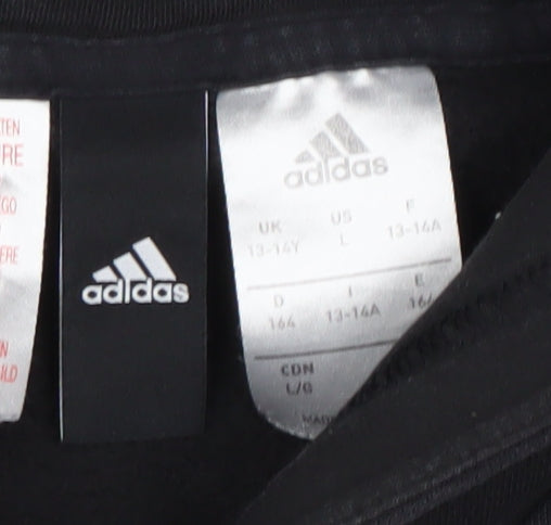 Brand and care label for Adidas boys’ black pullover hoodie, size 13-14, years