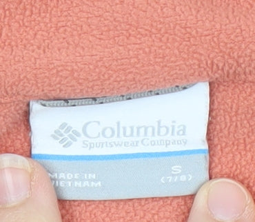 Brand and care label for Columbia girls’ pink colourblock hooded jacket -, size S