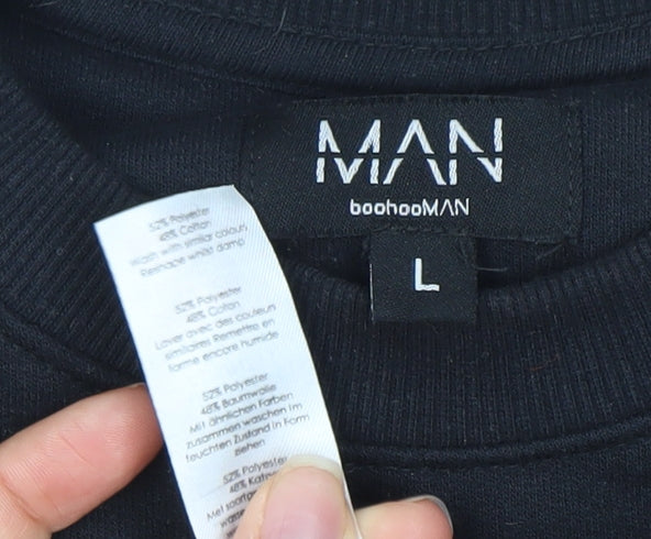 Close-up detail of boohooMAN Men's Black Sweatshirt L - Logo Pullover