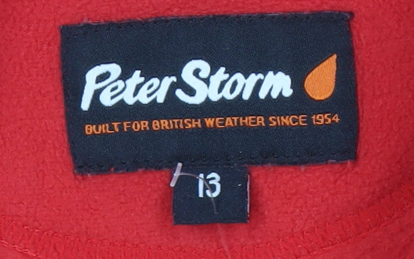 Brand and care label for Peter Storm boys’ red fleece pullover sweatshirt, size 13