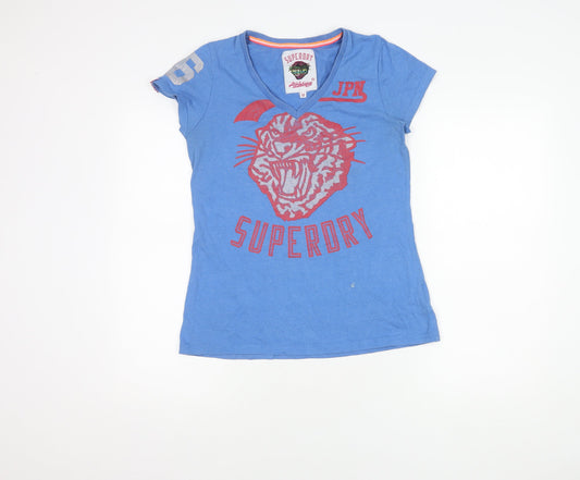 Superdry Women's Blue T-Shirt, M, V-Neck Sports Style