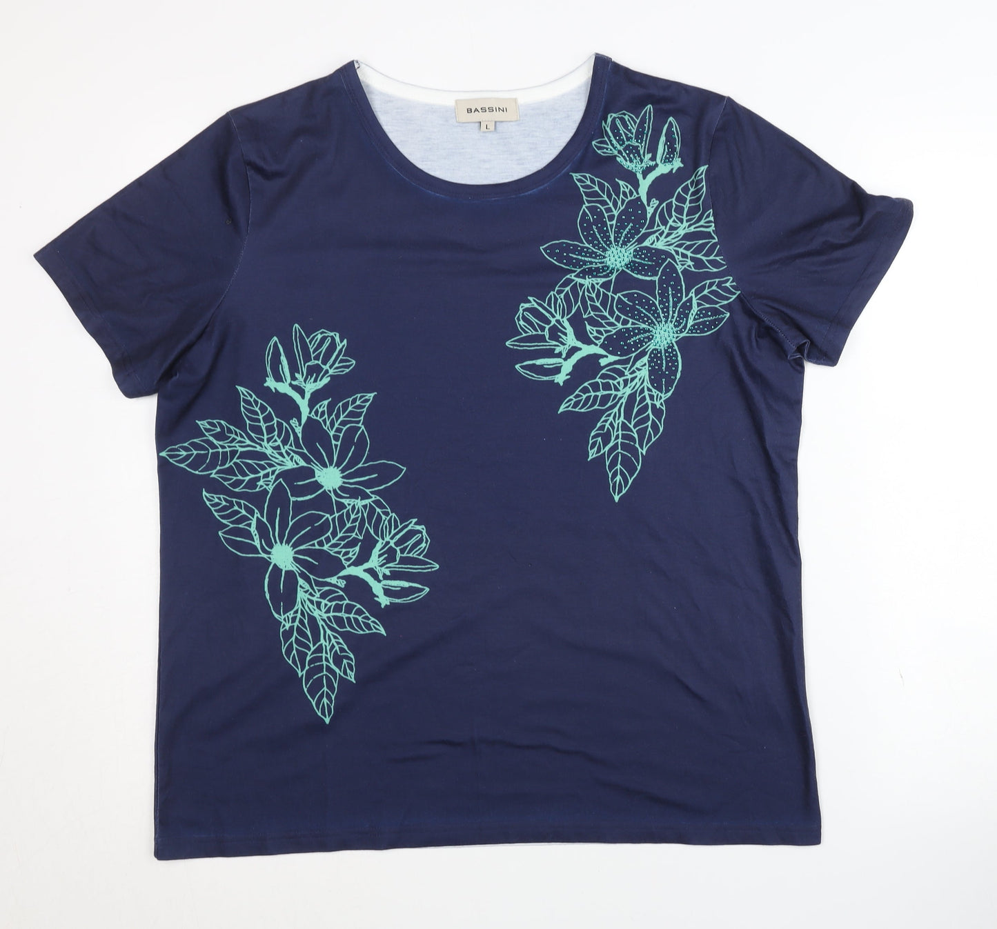 Bassini Women's Blue Floral T-Shirt L Crew Neck Casual