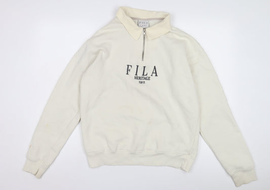 Fila Ivory Collared Sweatshirt, Unisex S, Logo Zip Accents