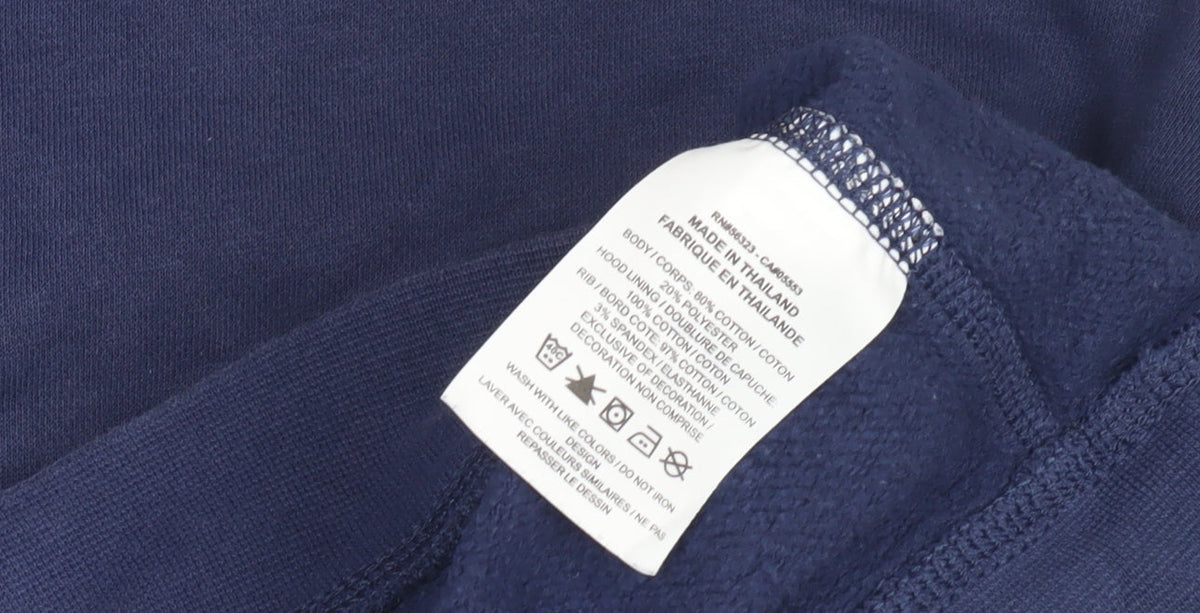 Brand and care label for Nike boys’ blue pullover hoodie with logo, size L