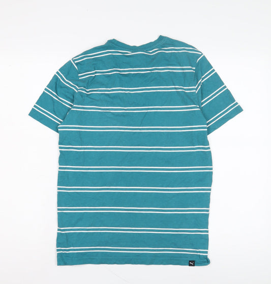 Puma Men's Blue Striped Cotton T-Shirt - Size S