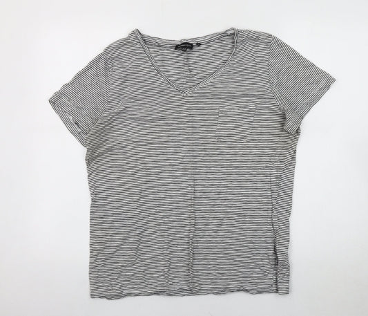 Superdry Women's Black Striped T-Shirt, V-Neck, Size 16