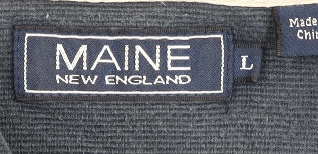 Brand and care label for Maine New England Men's Blue L Polo Striped Shirt