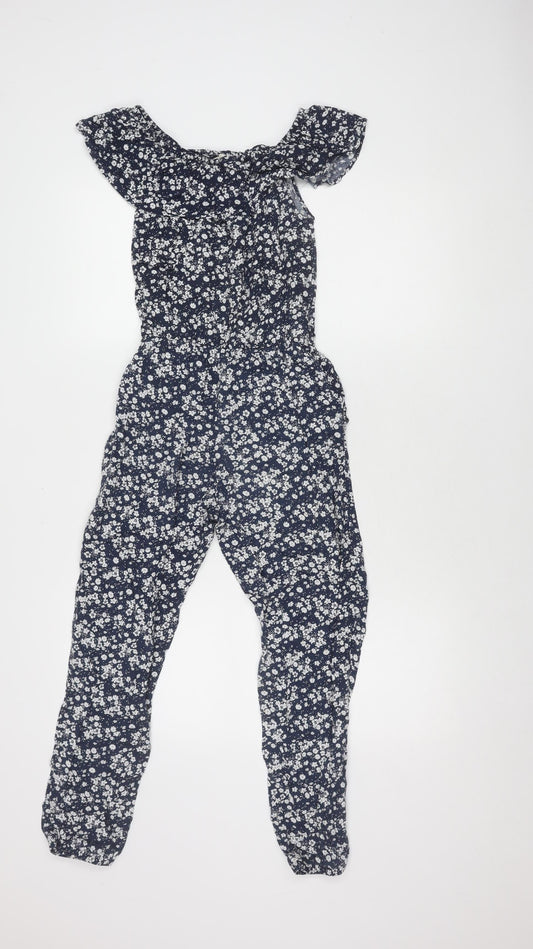 H&M Girls Blue Floral Jumpsuit, Off Shoulder, Size 12