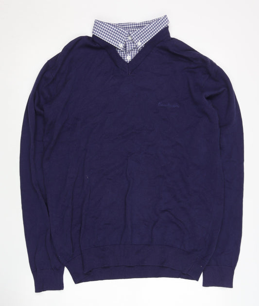Pierre Cardin Men's Blue M V-Neck Cotton Pullover Jumper