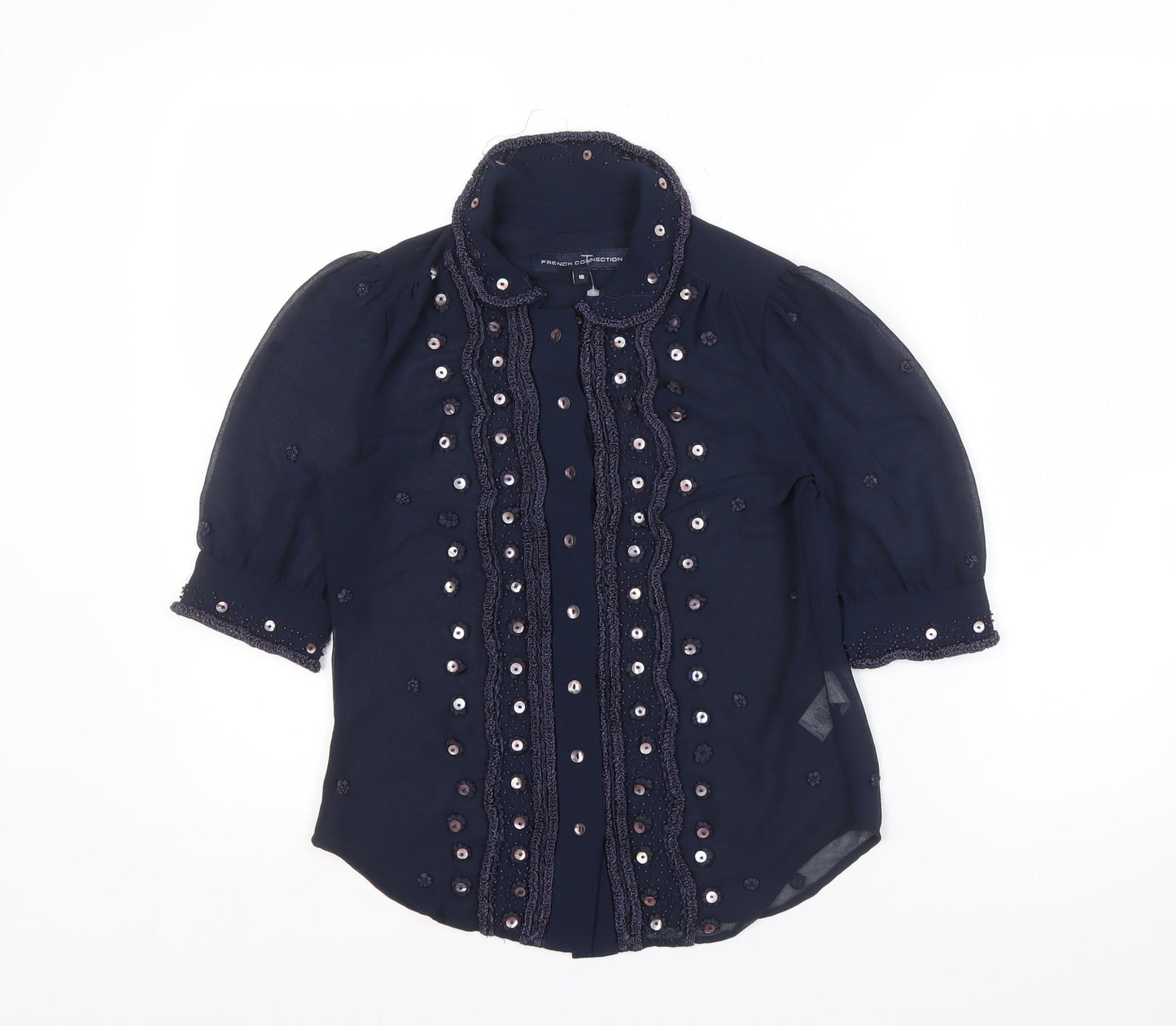 French Connection Women's Blue Embroidered Blouse Size 10