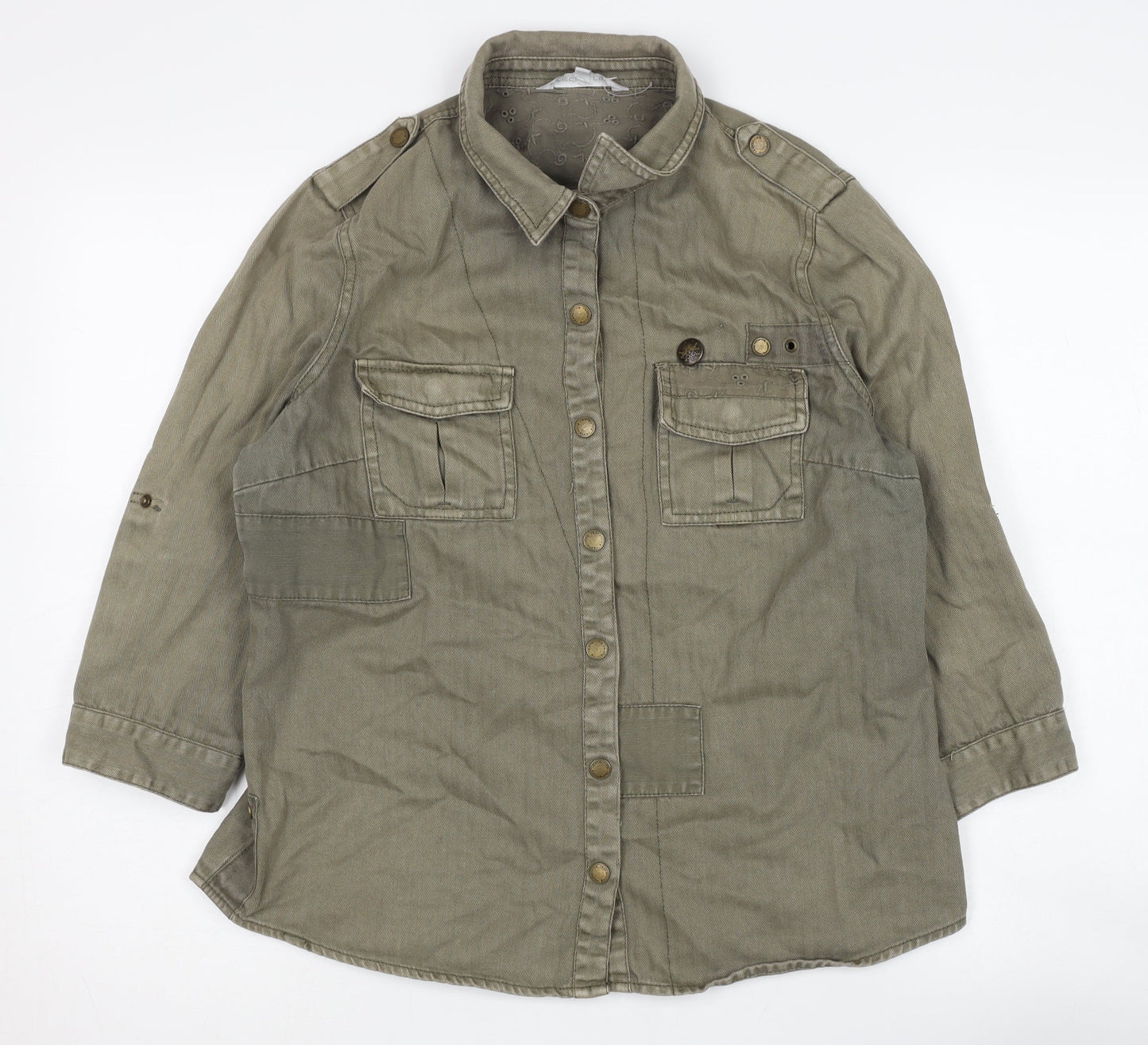Red Herring Green Button-Up Shirt, Size 16, 3/4 Sleeve