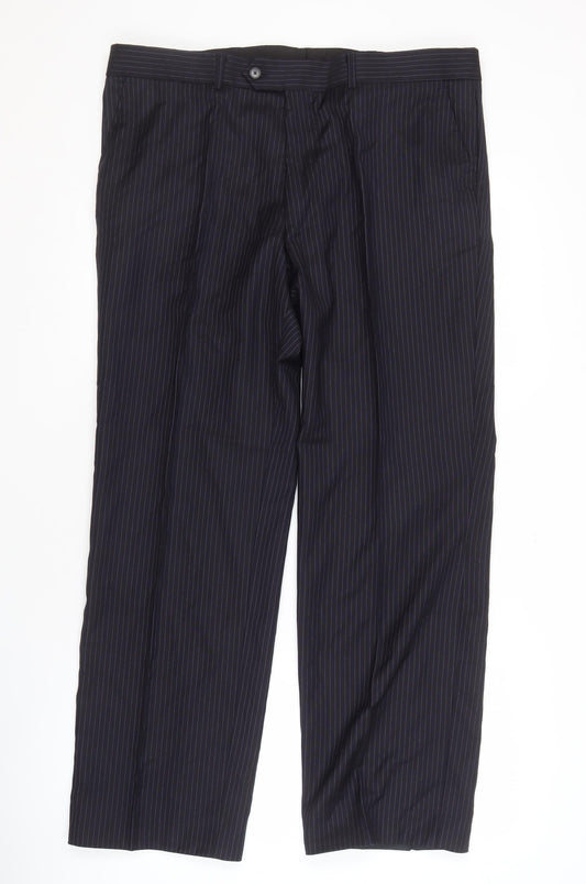 Additional front view of Jaeger Men's Black Striped Wool Trousers, Size 36S