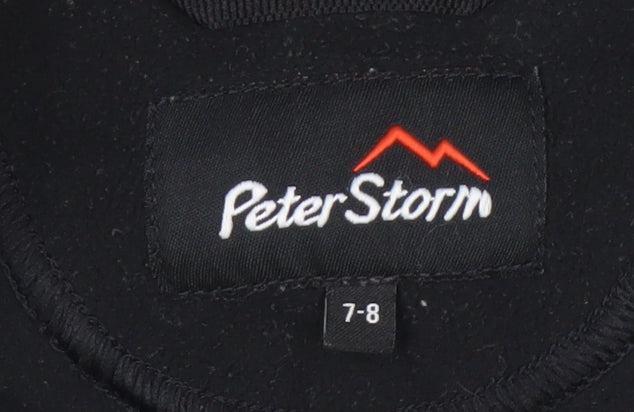 Brand and care label for Peter Storm boys’ black fleece 1/2 zip sweatshirt, size 7-8