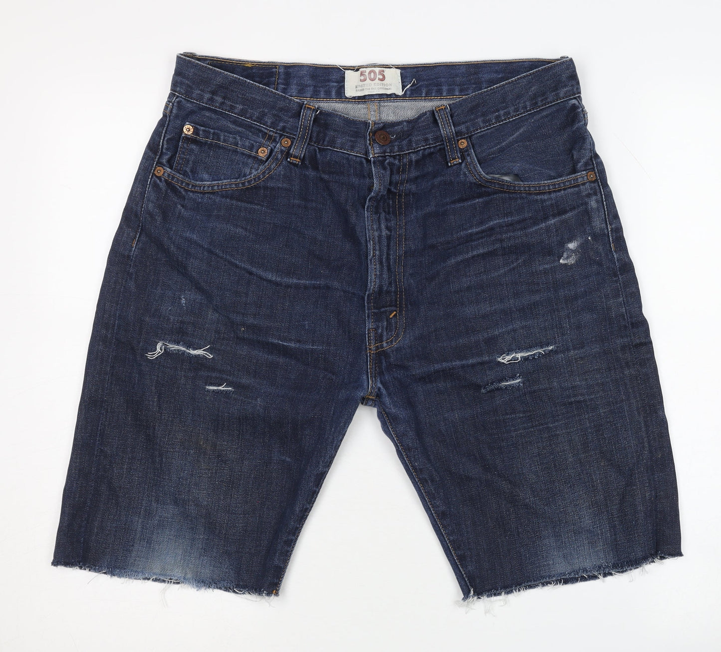 Levi's Men's Blue Denim Shorts, 505, W34 L32, Distressed Casual
