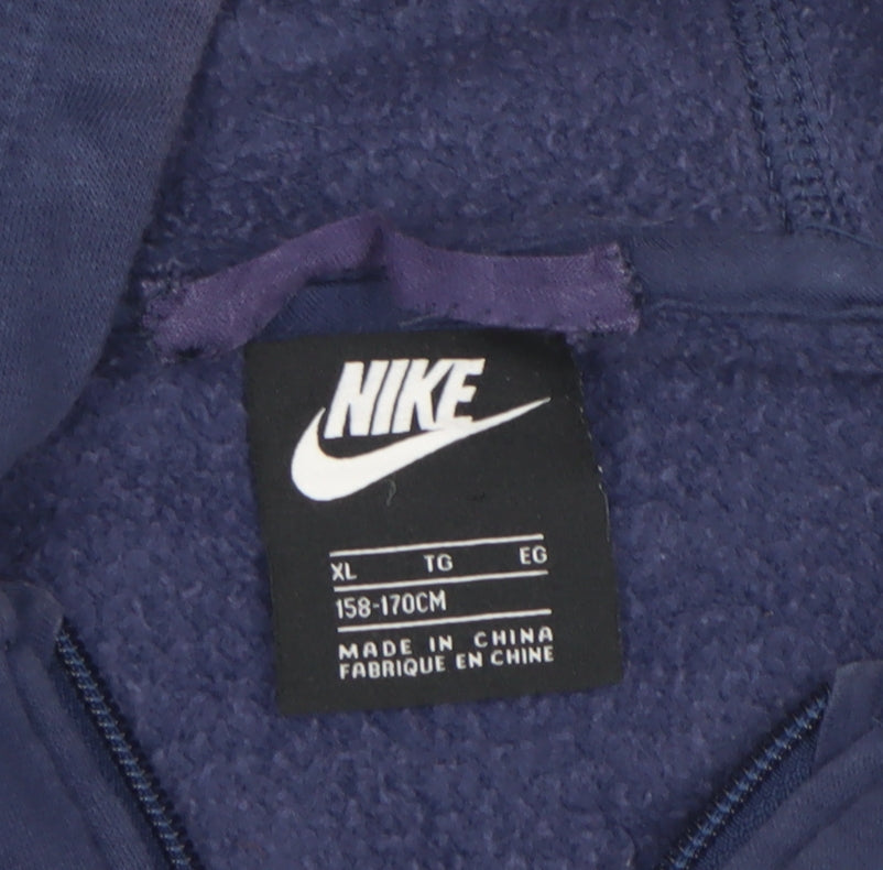 Close-up detail of Nike boys’ blue xl full zip hoodie, sports logo, hooded