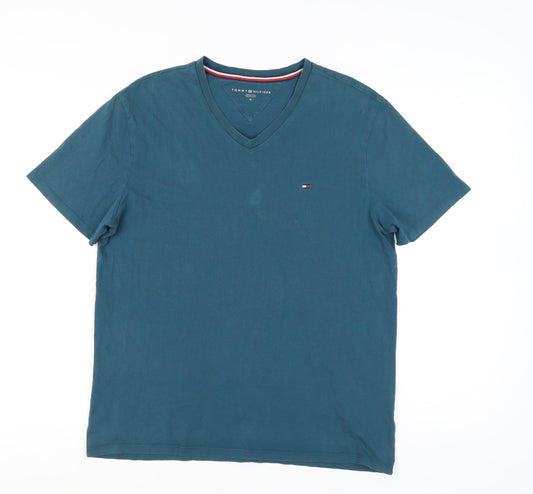 Tommy Hilfiger Men's Blue Cotton V-Neck T-Shirt, M