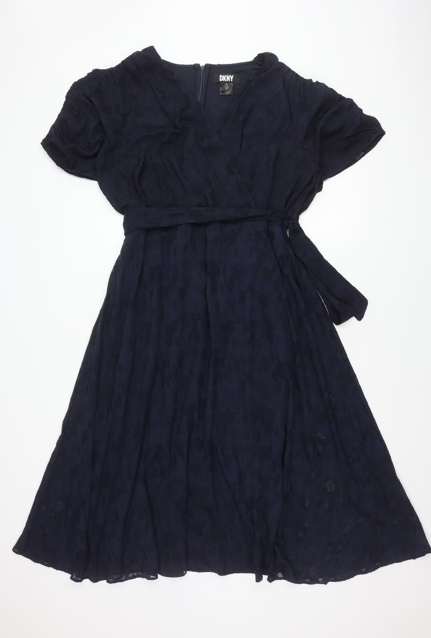 DKNY Women's Blue A-Line Dress Size 18 V-Neck Puff Sleeve
