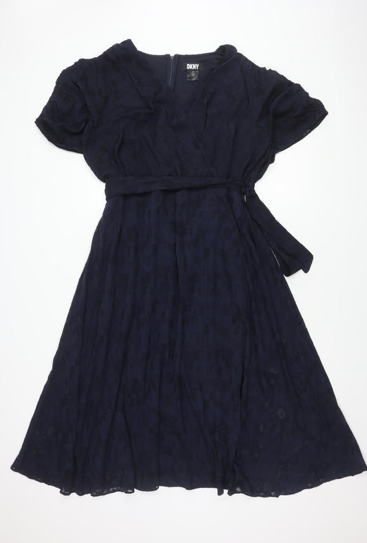 DKNY Women's Blue A-Line Dress Size 18 V-Neck Puff Sleeve