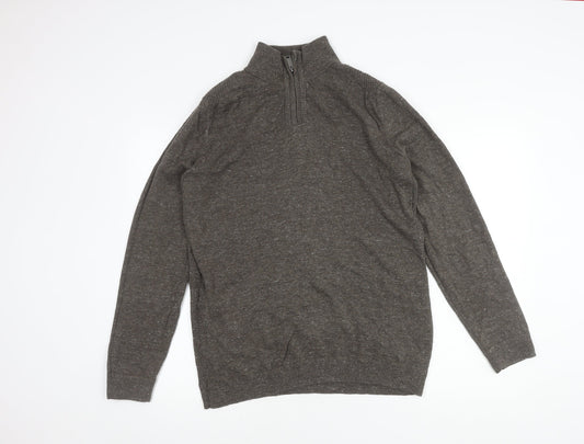 FatFace Mens Brown Mock Neck 1/4 Zip Pullover - M