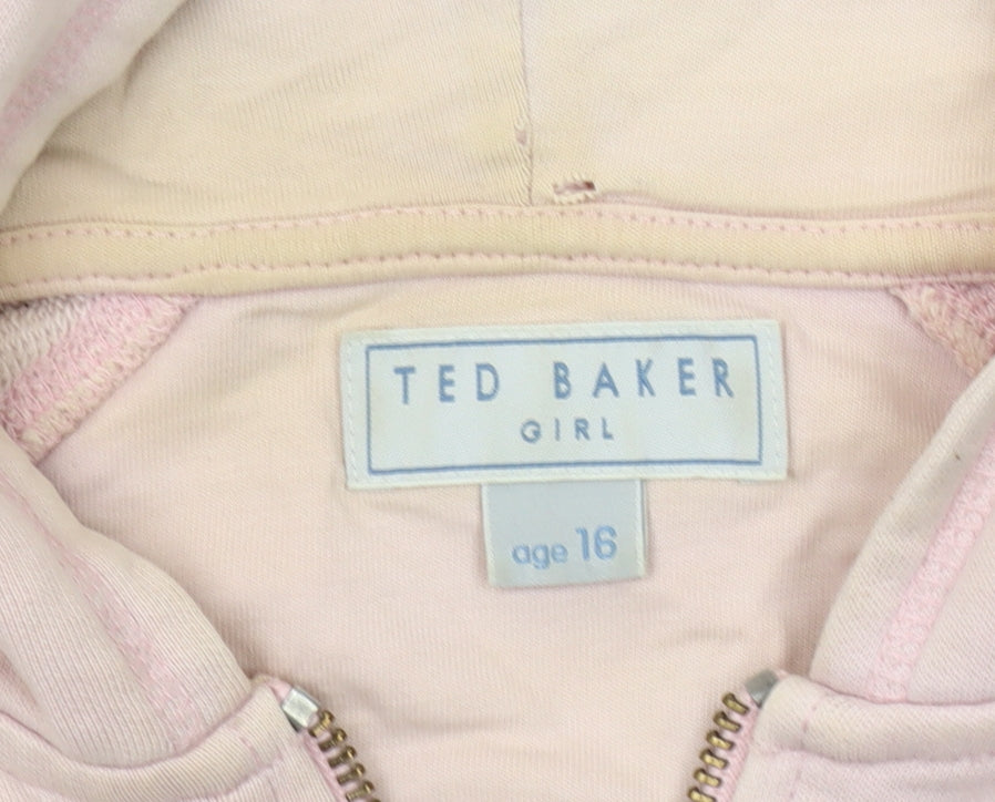 Close-up detail of Ted Baker girls’ pink hooded jacket, size 16, zip sequined logo