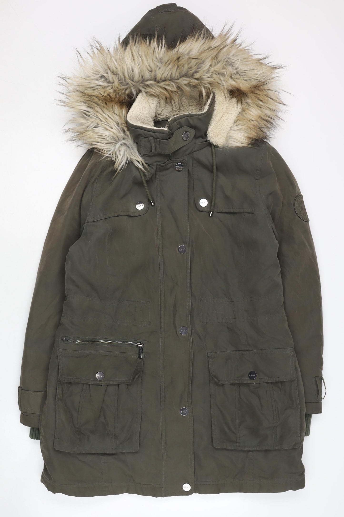 DKNY Women's Green Parka with Faux Fur, Size M