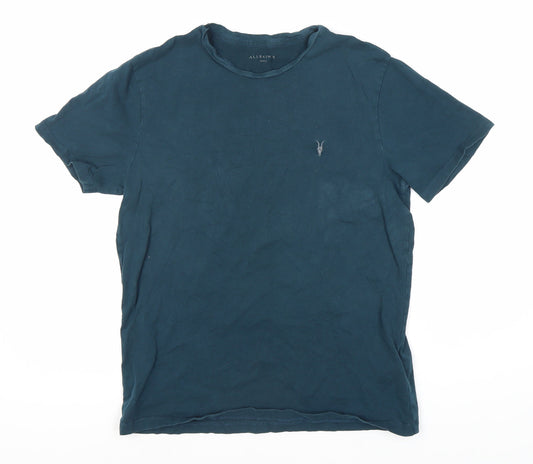 AllSaints Men's Blue Cotton T-Shirt - Small, Crew Neck, Logo
