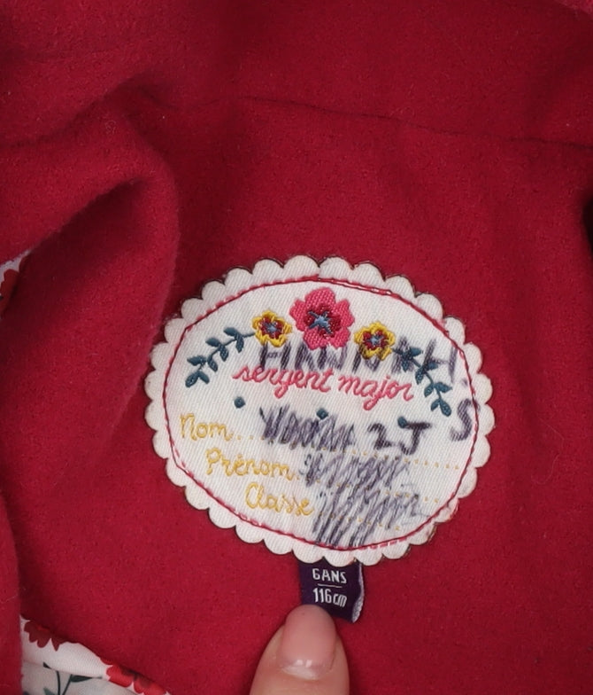 Brand and care label for Sergent Major girls’ red floral parka coat, size 6, years