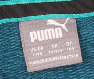 Brand and care label for Puma boys’ blue pullover hoodie 13-14 years