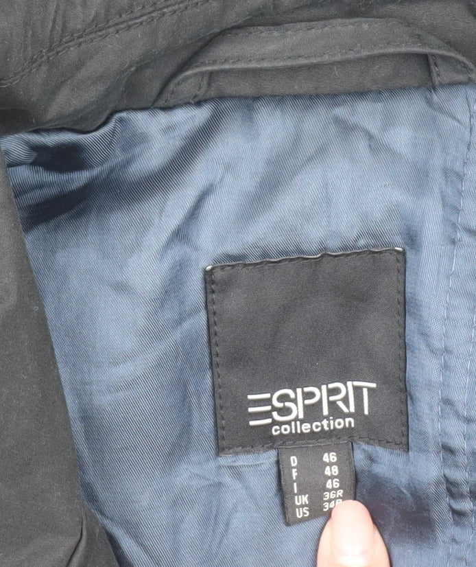 Close-up detail of ESPRIT women’s black overcoat uk, size UK 36, - collared style