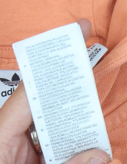 Brand and care label for Adidas girls’ orange full zip hoodie 5-6 years cotton blend