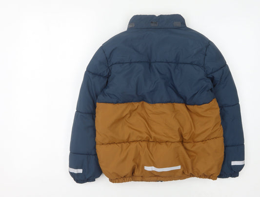 H&M Boys Blue Brown Puffer Jacket 9-10 Yrs Reflective Zip Pockets