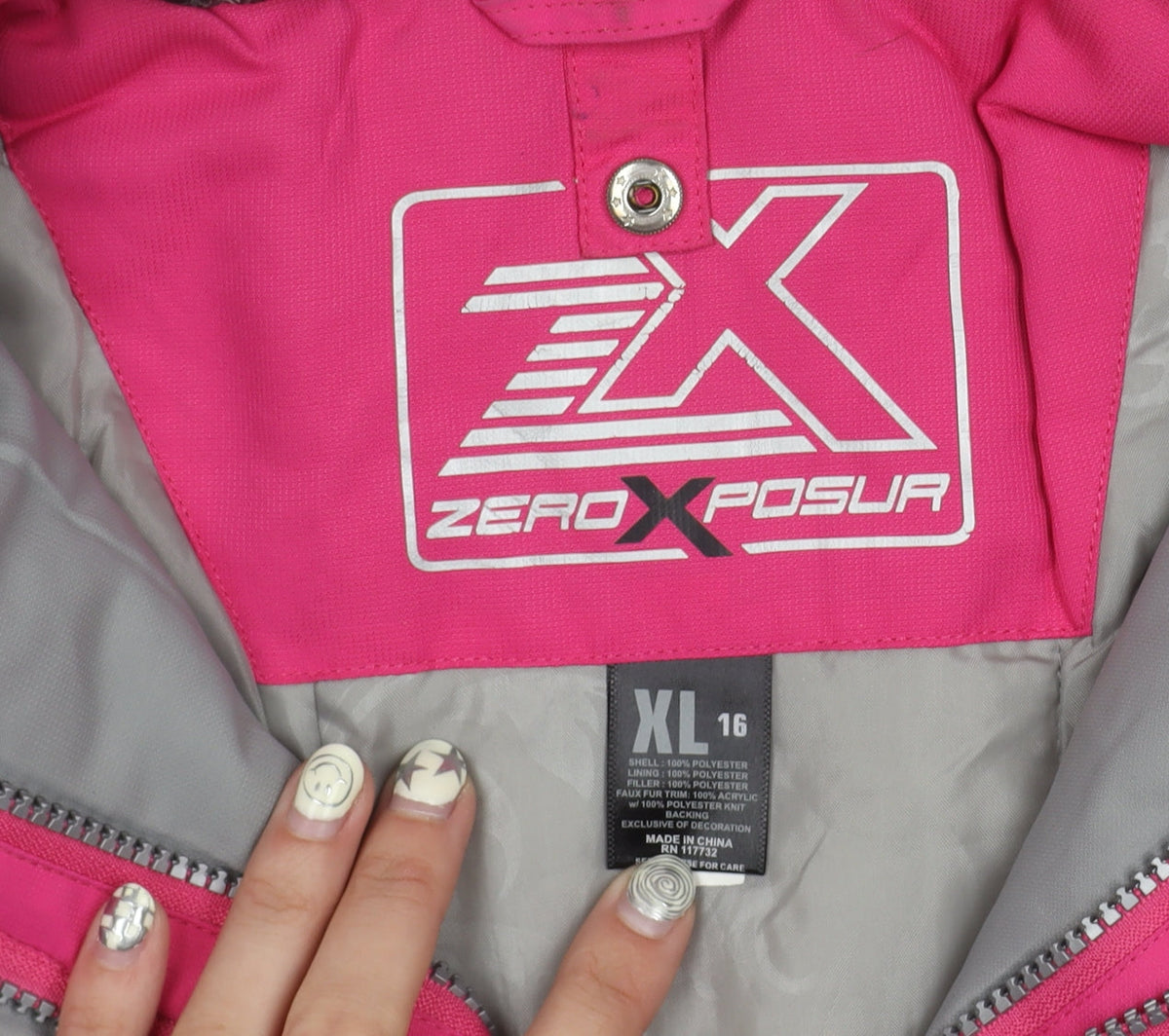 Brand and care label for ZeroXposur girls’ pink ski jacket uk, size 16, winter