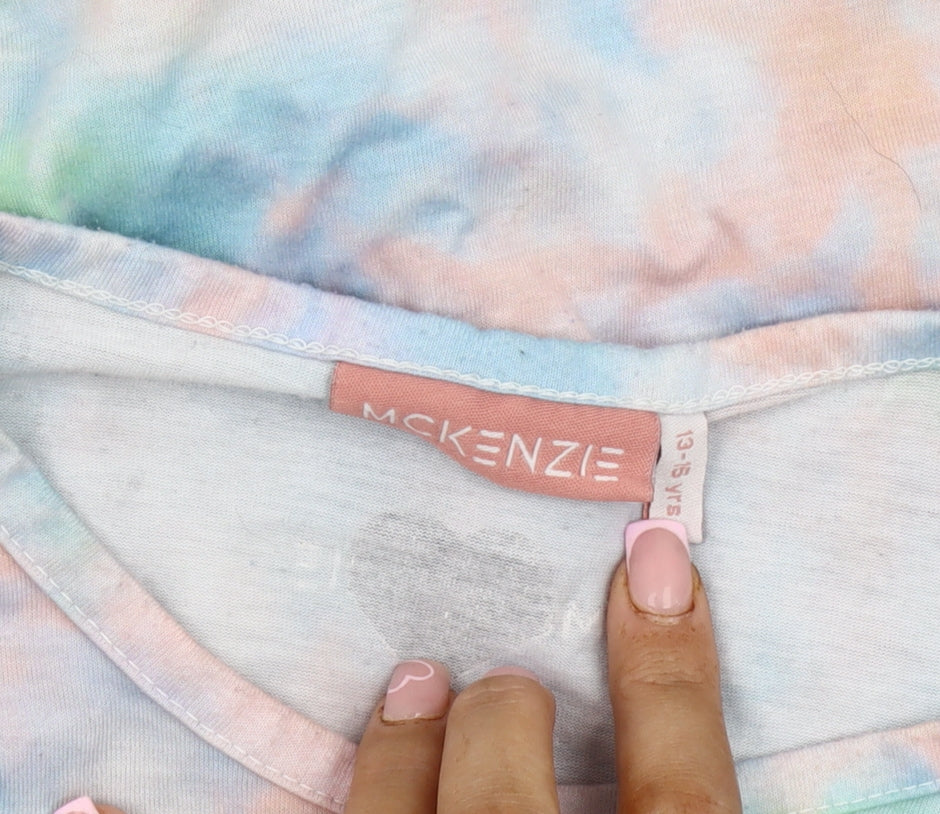 Close-up detail of McKenzie girls’ multicoloured tie dye cropped t-shirt 13-15 years