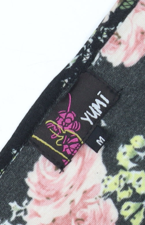 Yumi Women's Black Floral Slip Dress - Size M, Lace Accents
