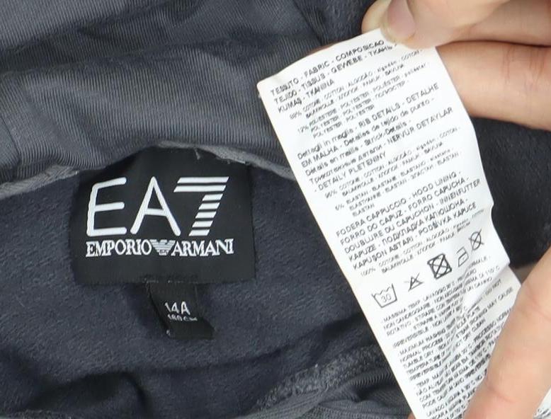 Close-up detail of Emporio Armani boys’ grey pullover hoodie - size unknown